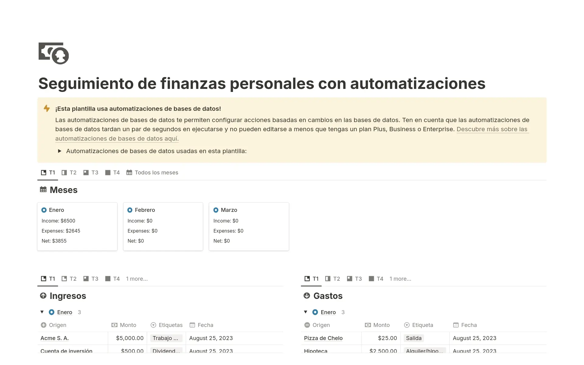 Vista previa de una plantilla para Seguimiento de finanzas personales con automatizaciones