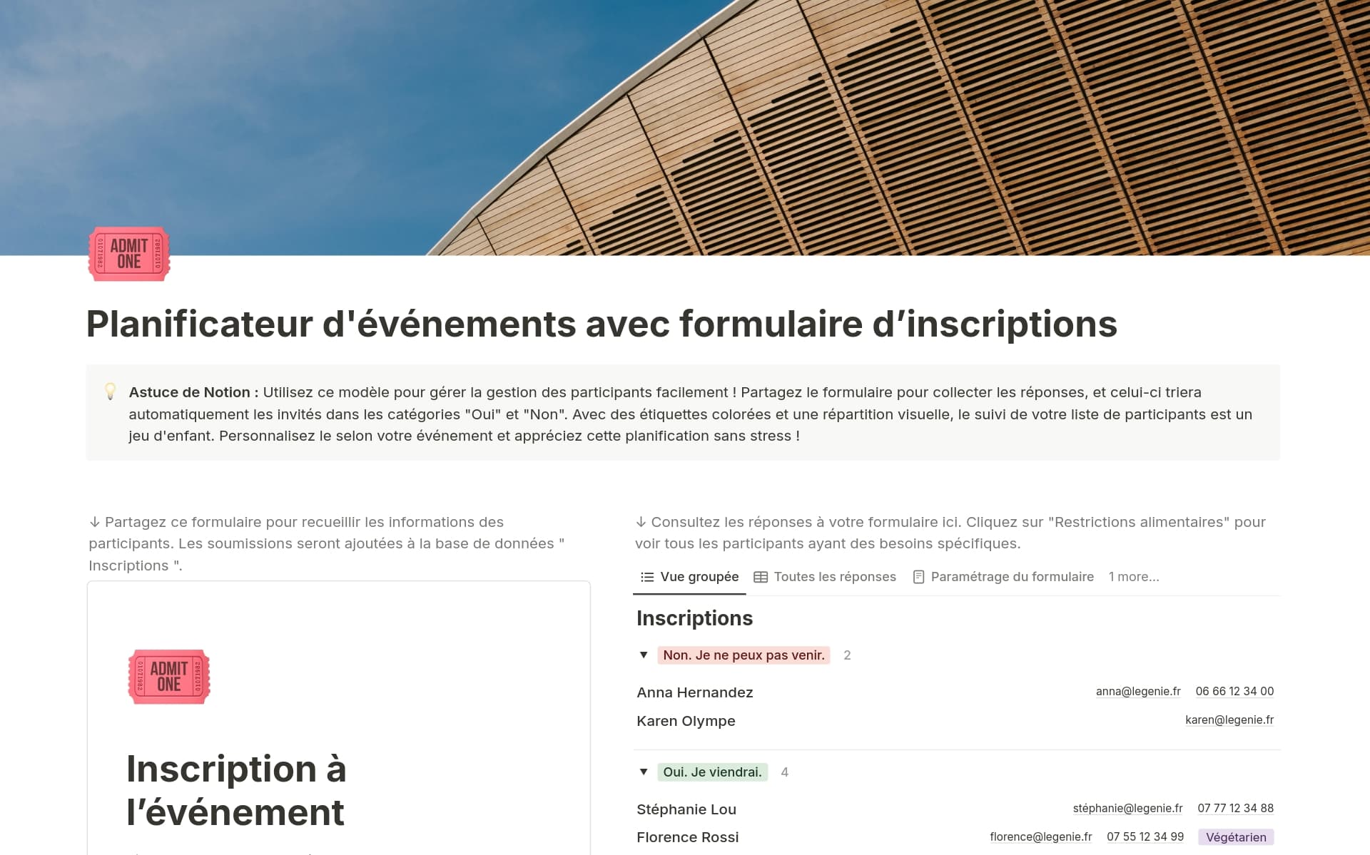 Aperçu du modèle de Gestion des inscriptions à un événement